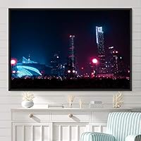 Framed Canvas Wall Art City Illuminations Aerial Cityscape Contemporary Multicolor Photography Places Realism - 16x24 inches