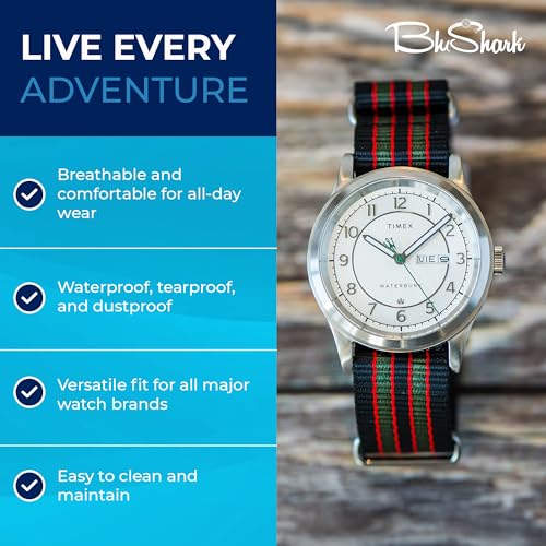 Image of BluShark - Original Collection Military-Style Waterproof Watch Strap, Fits All Timepiece Brands, Durable Nylon Wristwatch Accessories with Stainless Steel Buckle - 18mm, 20mm, 22mm & 24mm Watch Bands