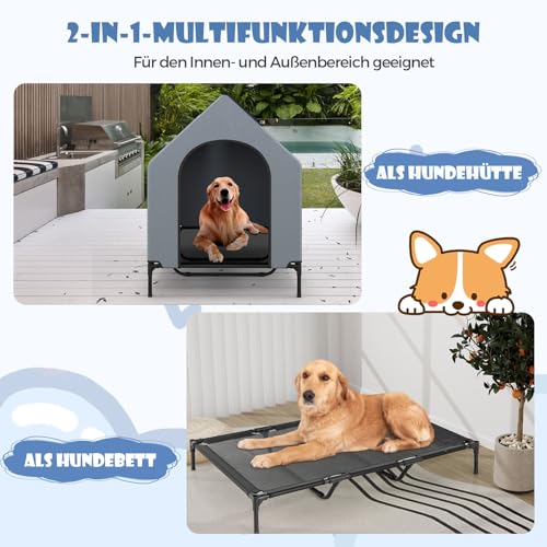 COSTWAY 2 in 1 Hundehütte & erhöhtes Hundebett, Hundeliege Outdoor, Haustierhaus mit atmungsaktivem Netzgewebe & Abnehmbarer Abdeckung, Hundehaus für große Hunde, Oxford, Grau (84 x 132 x 114 cm)