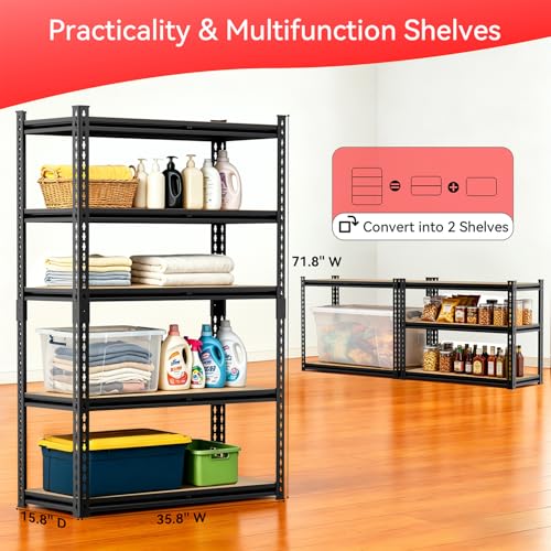Image of 5-Tier Adjustable Metal Storage Rack, 2000 lbs Capacity, Heavy-Duty Garage Shelving, Black, 35.8 inchW x 15.8 inchDx 71.8 inchH, Suitable for Kitchen Storage, Basement, Multi-Functional Storage Rack.