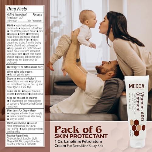 MEDca Vitamin A & D Diaper Rash Ointment- Protectant Cream For Sensitive Baby Skin - Lanolin & Petrolatum Formula, Dry-Cracked Hands/Feet/Face Skin, 4oz Tube, Pack of 6 - Image 5