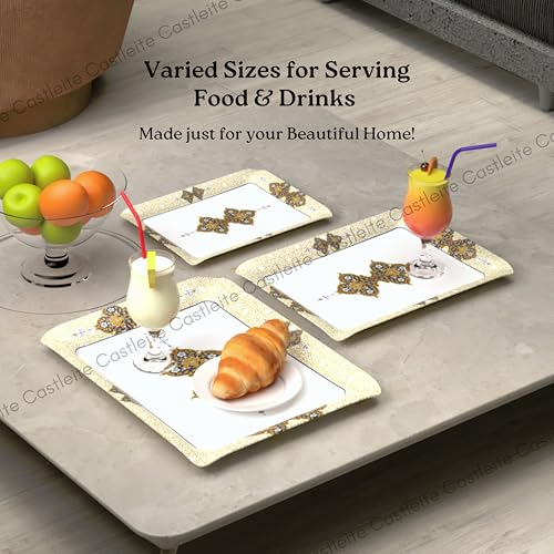 Image of Castleite Valencia Series Melamine Trays Set of 3 with Handles for Serving Snacks or Tea - A Designer Tray Medley for Home or Cafe Use (Beyla)