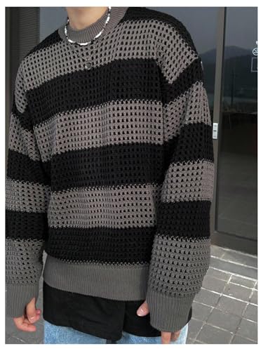SHENHE Men's Striped Crochet Sweater Hollow Out Crew Neck Color Block Fall Sweater Pullover2