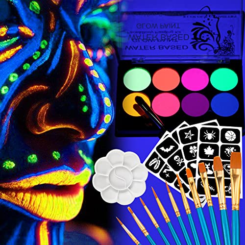 UV Face Painting Kit,Glow In The Dark Face Paint, 8 Neon Fluorescent Black Light Glow Makeup Water Activated with 10 Painting Brushes ?Non-Toxic Washable for Adult, Halloween Party Supplies, 4pcs Face Paint Stencils?with Body Paint Makeup Palettes