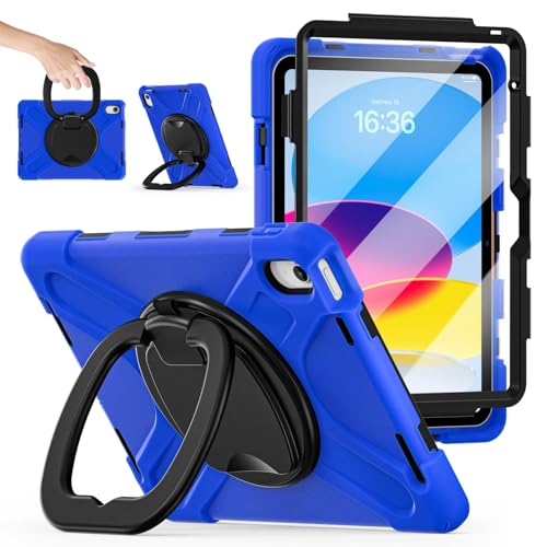 Coque iPad 11e/10e gen antichoc silicone bleu avec support rotatif et sangle