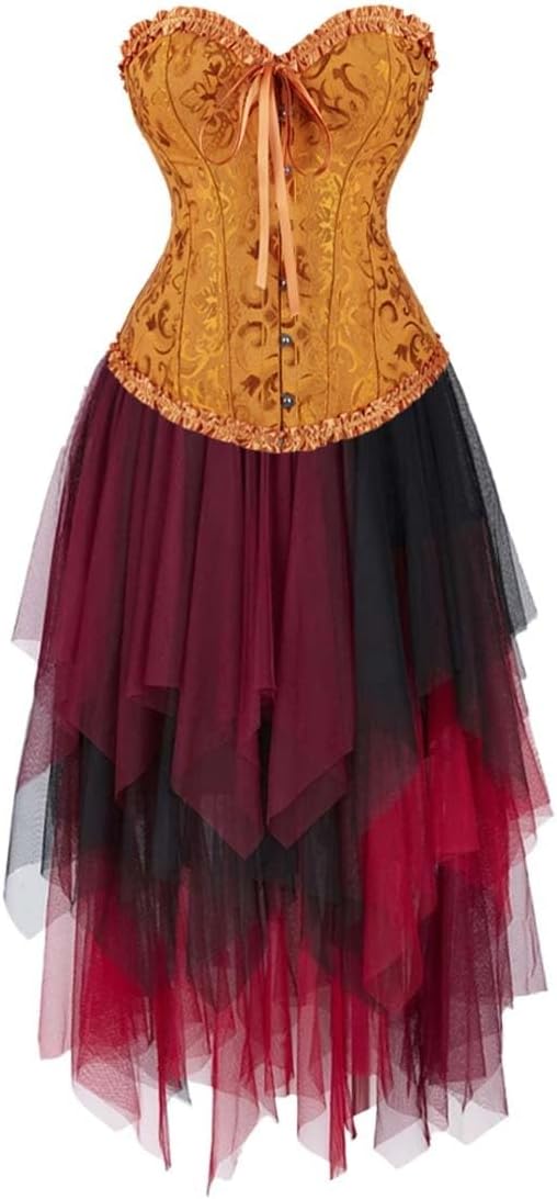 Jutrisujo Corset Dress Top Layer Skirt Set Bustier for Women Lace up Brocade Classic Floral Plus Size