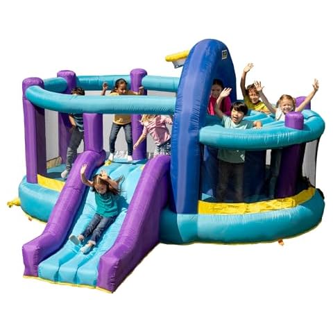 Sportspower INF-2415 Whack-A-Play Inflatable Bounce House with Basketball Hoop, Slide and Quick Inflate Blower: Recommended Age 3-8, Blue/Purple and Yellow, 13'x12'x7.83' Cover