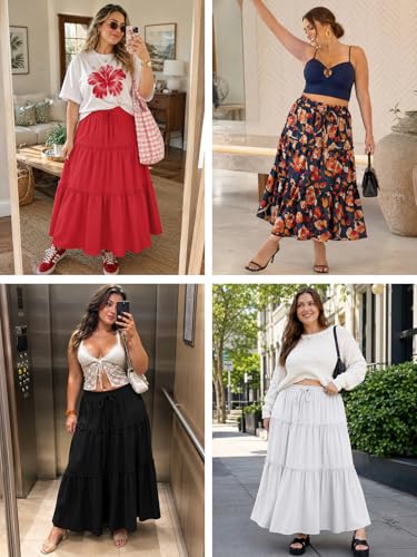Image of Moon Wood Plus Size Maxi Skirts for Women Trendy Long Flowy Boho Tiered Skirt Renaissance Summer Beach Skirt with Pockets