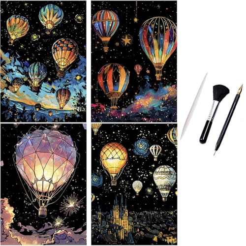ShipeeKin 4x Kratzbilder Leuchtend 290 x 210 mm A4 Wandbild Kratzbilder Kratzpapiere für Erwachsene Kinder mit Werkzeug Set (Heißluftballon)