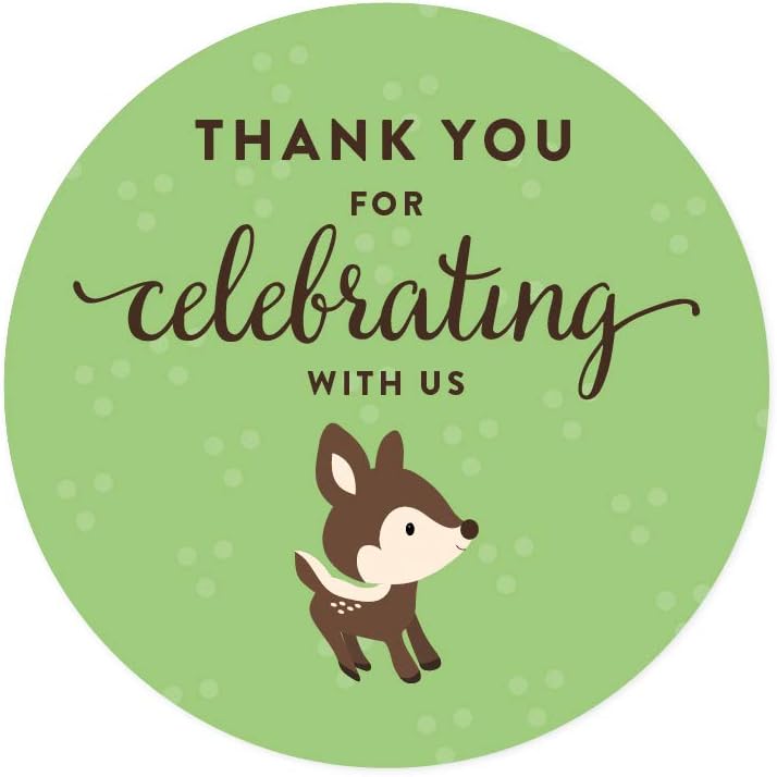 Andaz Press Birthday and Baby Shower Round Circle Labels Stickers, Thank You for Celebrating with Us, Woodland Animals Deer, 40-Pack, for Gifts and Party Favors