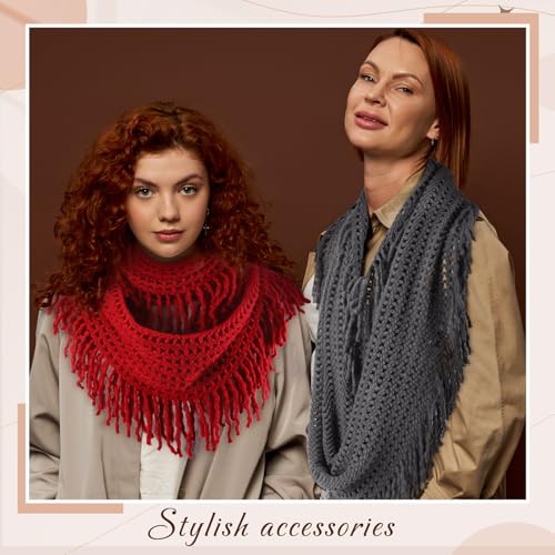 Coume 4 Pcs Winter Scarf for Women Thick Neck Cozy Knit Cable Scarf Fringe Infinity Loop Scarf, Black, Burgundy, Grey, White4