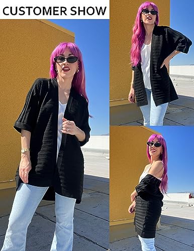 Hotouch Womens Open Neck Lace Sweater Knee Length Swimwear Cover Up Beach Sheer Swimsuit 3/4 Sleeve Chiffon Cardigan Black, Large #TOP3