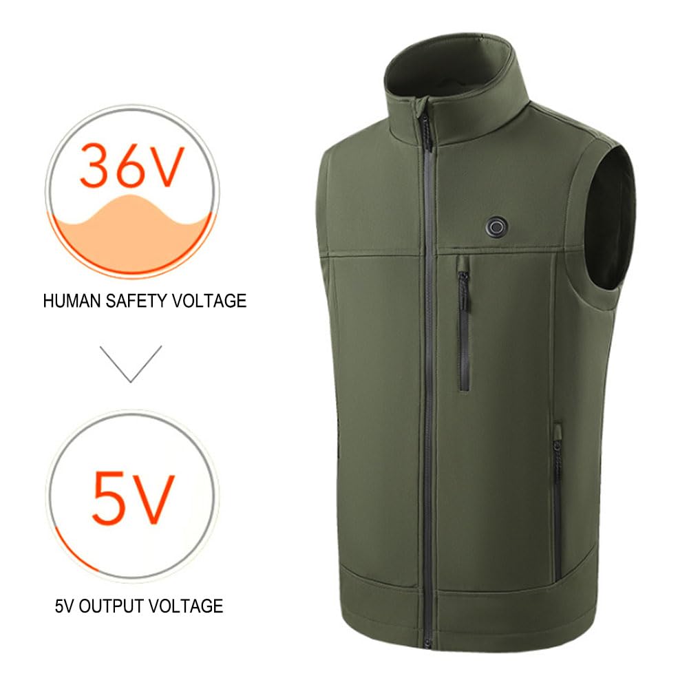 Chaleco Térmico para Hombre y Mujer, Chaleco Eléctrico Calefactable con 3 Ajustes Temperatura Calentamiento Rápido 10s 5V Seguro Lavable Impermeable al Viento Army Green XL