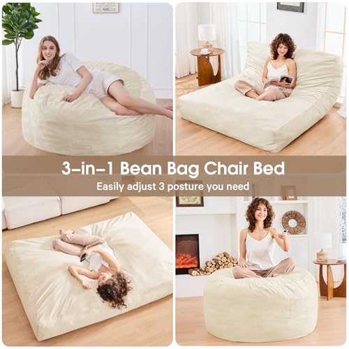 Bean Bag Chairs for Adults - Giant Bean Bag Chair Convertible Bean Bag Bed - Beanbag Chair with Micro Fiber Cover/Furniture Foam Filler - Floor Couch Sofa in Bedroom Dorm Room - Queen Beige