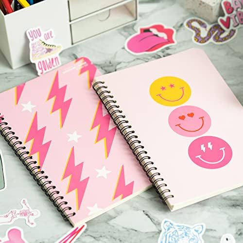 A1DIEE 2Pcs Preppy Pink A5 Spiral Notebooks Groovy Boho Hippie Wirebound Journal Lightning Smile Face Stars Metallic Wirebound Notepads for Girls Women School Office Diary Supplies, 50 Lined Pages