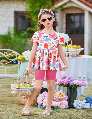 Image of Arshiner Girls Summer Outfits Short Sleeve Ruffle Hem Top and Biker Shorts Set Girl Clothes 4-15 Years