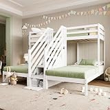 BXEYXE Hochbett, 90 x 200cm, 3 Betten, Kiefernholz, verstaubare Leiter mit Schubladen, Geländer, EN 747 Zertifiziert, ohne Matratze, weiß