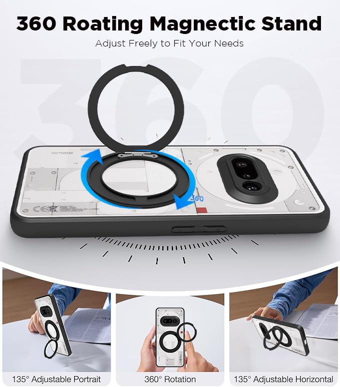 Image of RIGGEAR Shockproof Sleek Hybrid Armor 360 Rotating Magnetic Ring Stand Back Cover Case Compatible with MagSafe Accessories for Nothing Phone 3a (Clear PC + Black TPU Bumper)