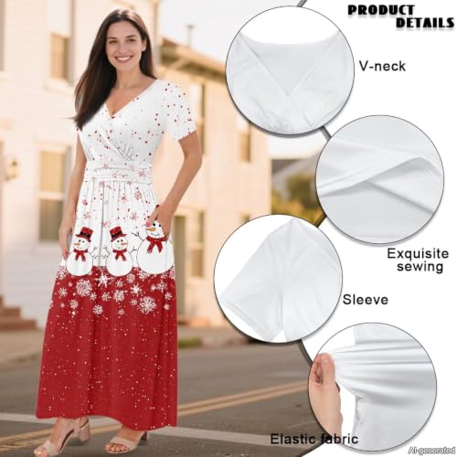 Image of Women's Fall Summer Short Sleeve Ankle Length V-Neck Party Dress with Pockets Size S-3XL