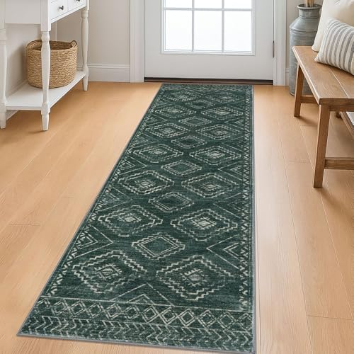 KILOCOCO Boho Kitchen Runner Rug 2x6 Washable Runner Rug, Soft Runners for Hallways Non Slip Printed Distressed Laundry Room Rug, Low-Pile Rug for Entryway/Bedroom/Living Room, Green