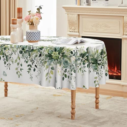 Image of Horaldaily Spring Tablecloth 60 x 84 Inch Oval Green Eucalyptus Seasonal | Washable Table Cover for Party Picnic Dinner Decor