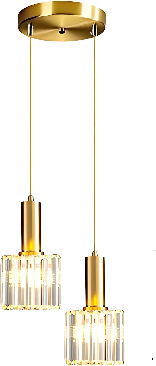 Modern Mini Crystal Pendant Light for Kitchen Island Dining Room Bedroom,Gold Base Crystal Ceiling Lamp Hanging Light (2-Light)