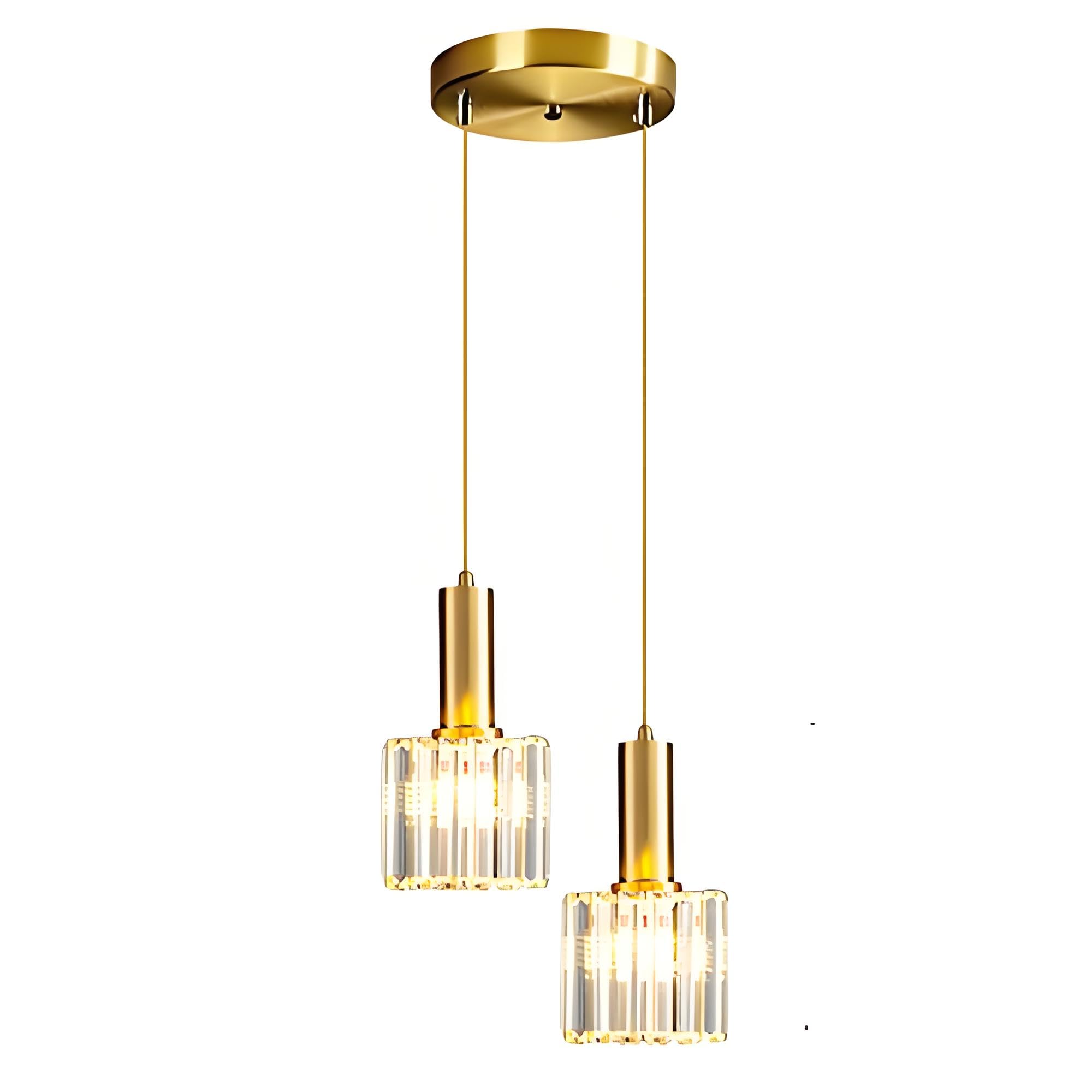 Mini Lámpara Colgante Dorada en Cristal K9, Base E27, Altura Ajustable, Lámpara Moderna de Vidrio para Comedor, Cocina, Dormitorio y Bar (2-luces)