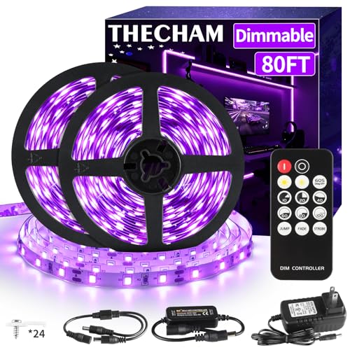 THECHAM 80ft Black Light Strip with Remote, 1440 LEDs, 12V Flexible Blacklights for Glow Party, Adjust Brightness, Delay Off, 3 Light Modes, Indoor Fluorescent Party, Stage Lighting