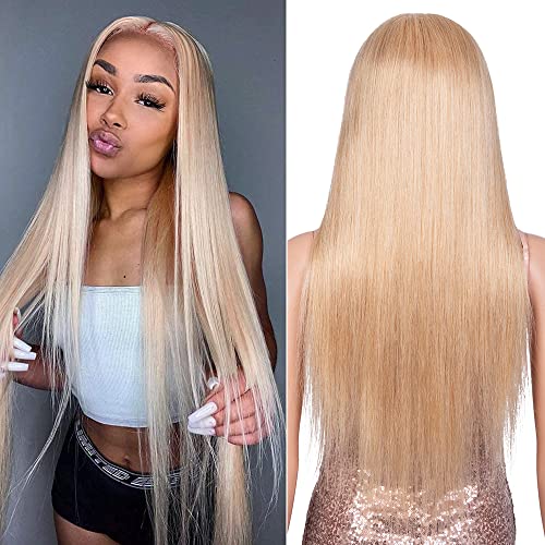 MISS REBECCA Gold Blonde Wigs Human Hair Straight Lace Front Wigs Human Hair T-Part HD Lace Front Wigs for Women Pre Plucked with Baby Hair Brazilian Virgin Human Hair Wigs 150% Density (22 inch)