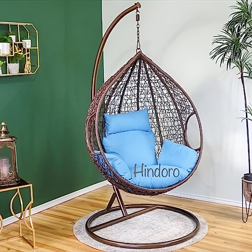 Image of Hindoro Rattan Wicker Wrought Iron Single Seater Swing Chair with Stand & Cushion & Hook Outdoor || Indoor || Balcony || Garden || Patio || Living Outdoor Furniture (Dark Brown with Blue, Egg Shape)