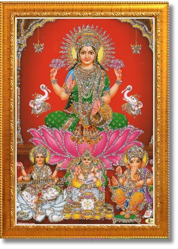 Image of CRAFT QUEST Lakshmi Devi with ganesh ji and saraswati mata Wall Painting Photo Frame for Diwali Pujan (Synthetic, Golden, Sparkle Finish, Small Size, 8 X 6 Inch)