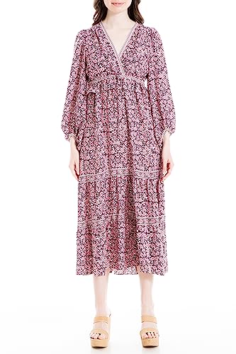 Max Studio Women's Long Sleeve V Neck Tiered Maxi Dress, Cream/Pink Floral  Clover Field, Large at Amazon Women's Clothing store