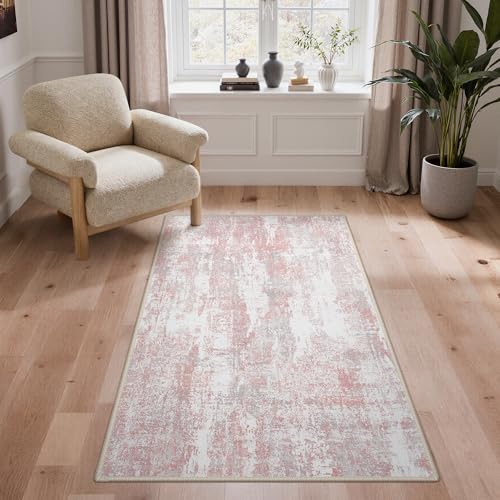 Image of BEIMO Area Rugs 3x5 for Living Room Bedroom, Modern Abstract Machine Washable Rug, Soft Low Pile Floor Carpet with Non Slip Backing for Entryway, Pink /Grey