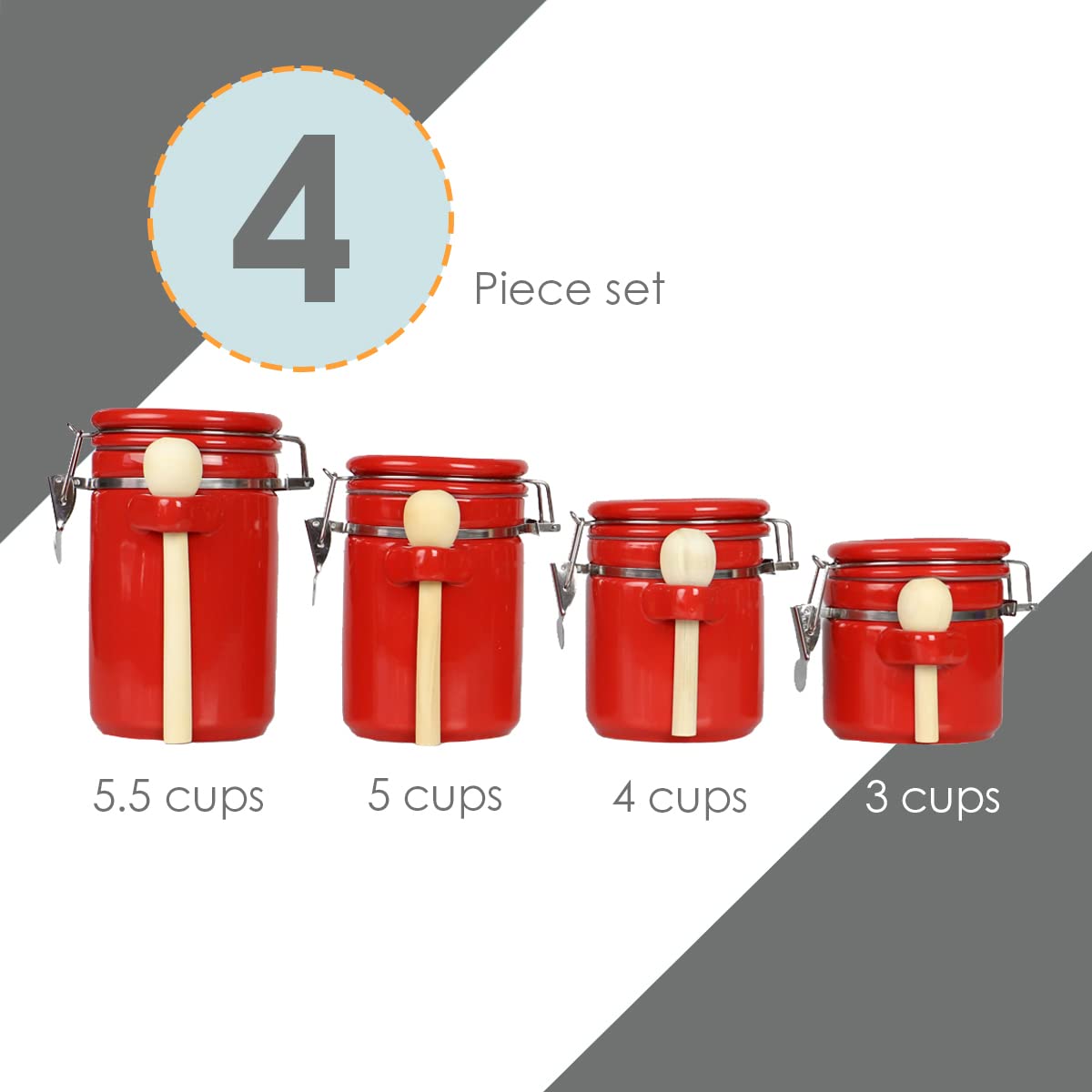Home Basics CS44155 Home Basic - Set di 4 barattoli in ceramica con cucchiaio, ermetici, per bancone da cucina, zucchero, caffè, taniche in ceramica, rosso/gita, tinta unita (Getaway Solids)