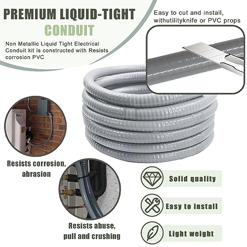 Feotech Liquid-Tight Conduit and Connector Kit - 3/4 Inch 50 FT Non Metallic Liquid Tight Electrical Conduit with 5 Straight and 5 Angle Fittings