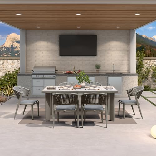 Image of PURPLE LEAF Outdoor Dining Set for 6 with HPL Table and Chairs Modern Grey