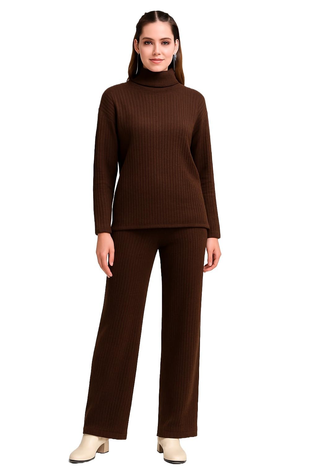 Women Winter Coord Set Wool Blend High Neck Sweater and Wide Leg Pants Warm Tracksuit Pajama Set Two Piece Knitwear Travel Wear for Lounge Casual Office Brown Size X-Large-image-45