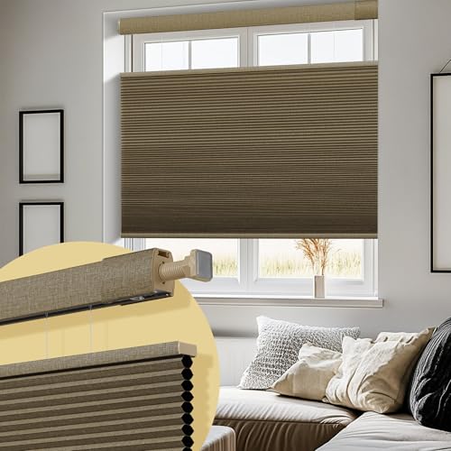 Image of No Drill No Tools Cellular Shades Linen Texture Wrapped Top Down Bottom Up Cordless Honeycomb Blinds Blackout Shades for Bedroom Living Room Windows Blinds, Beige, Custom Size