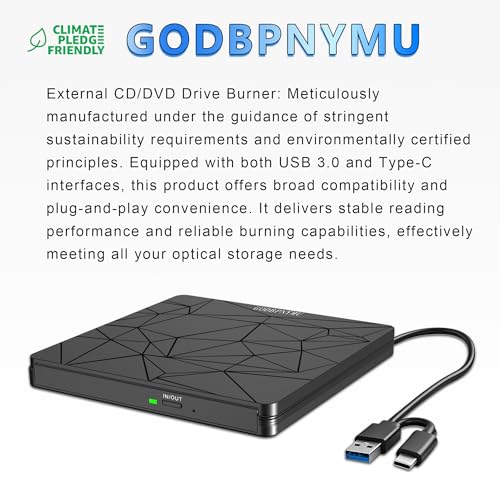 Image of External DVD Drive USB 3.0 USB-C CD Burner CD /DVD Player Optical Drive, Portable CD DVD Disc Copier for Laptops and PC Compatible with Windows 7 /8 /10 /11, Linux, and Mac OS