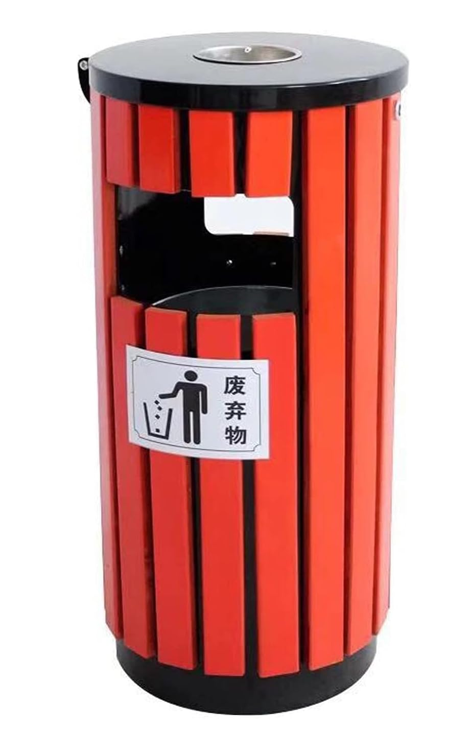 ECO CAREWooden Round Trash Bin with Ashtray, Outdoor Garbage Waste Bin, Brown, 88 x 38 x 38 cm