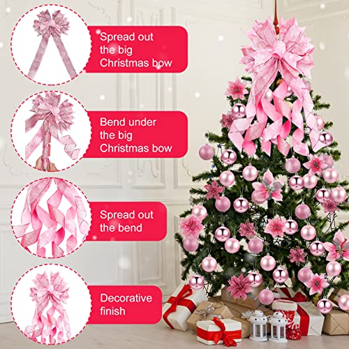 Youyole Christmas Tree Decorating Set Includes 37 Pcs Poinsettia Glitter Flowers With Clip, Christmas Ball, Christmas Tree Topper Bow For Christmas Home Decoration (Pink) #TOP2