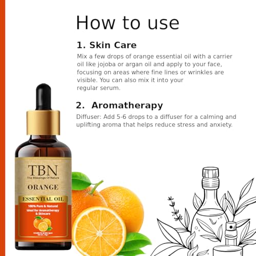 Image of TBN 100% Natural and Pure Orange Essential Oil For Skin Brightening & Aromatherapy | Enhance Mood, Cleanse Skin & Improve Sleep | Ideal for Aromatherapy, Massage, and Wellness - 15ML