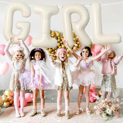 Image of 40 Inch Cream Girl Balloons, Large Beige Neutral Letters With Ribbon, Ivory White Sand for Her Birthday Baby Shower or Gender Reveal Party Decoration Supplies