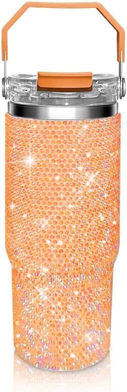 Bling Rhinestone Studded Tumbler with Top Handle, Bling Cups Stainless Steel Water Bottle Diamond Glitter Tumbler for Women - Birthday Gifts for Women, Mom,Get Well Soon Gifts (Orange)