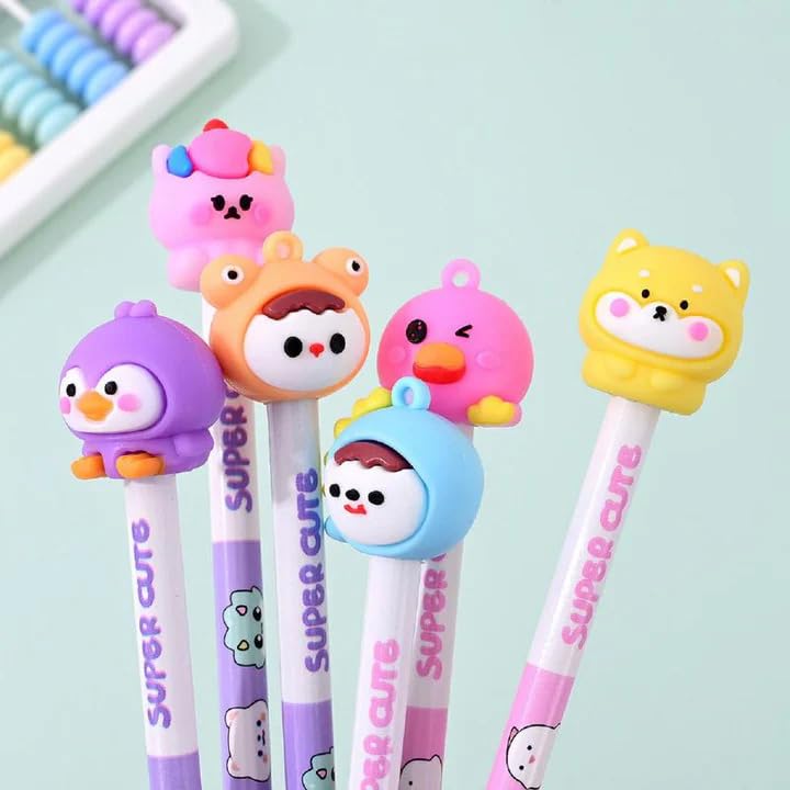 DME SALES Kawaii Pencils with Cute Animal Erasers on Top - Pack of 6 Cartoon Pencil for Kid with 3D Animal Topper, Writing Drawing Tools for Kids, Birthday Return Gift for Kids (Pack-1) 1