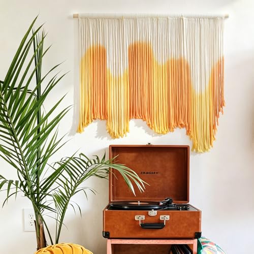 Image of IOWER Macrame Wall Hanging Yellow Dip Dye Boho Wall Decor Fiber Wall Art Modern Wall Decor Boho Wall Art for Living Room Bedroom Apartment 27 inch W x 26.8 inch L
