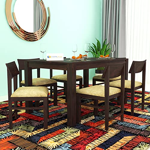Image of Custom Decor Sheesham Solid Wood Six Seater Dining Table with Six Chairs with Beige Cushion for Dining Room & Restaurant | Finish - Warm Chestnut