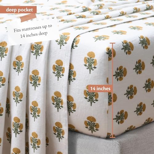 Indigo Ink - King Bed Sheets, Cotton Flannel Bedding with Matching Pillowcases, Ultra-Soft Floral Bed Set, Medium-Weight for All Year Use, Oeko-Tex Certified (Golden Bloom Collection, White/Gold) - Thumbnail 4