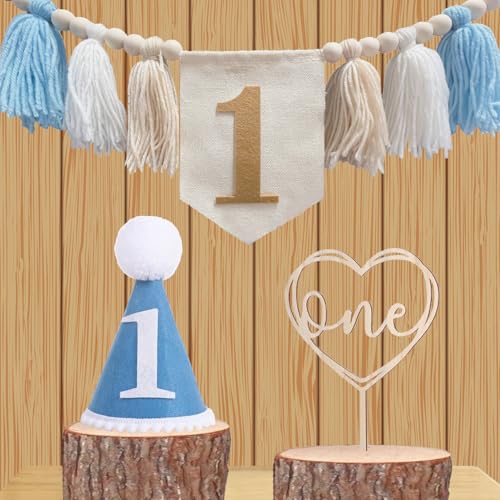 Image of First Birthday Party Decorations Blue Highchair Wood Bead Tassel Garland 1st Birthday Crown Cake Topper