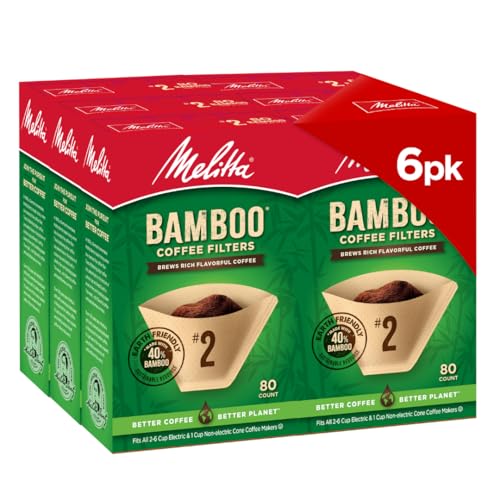 Melitta #2 Cone Coffee Filters, Bamboo, 80 Count (Pack Of 6), 480 Total Filters - Fits all 2-6 Cup Cone Coffee Makers and 1-cup Pour-Over Brewers, Compostable, Tear-Resistant, Made in USA